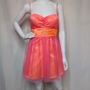 Y2K Hot Pink & Orange Strapless Satin, Glitter Tulle Layered Mini Babydoll Dress